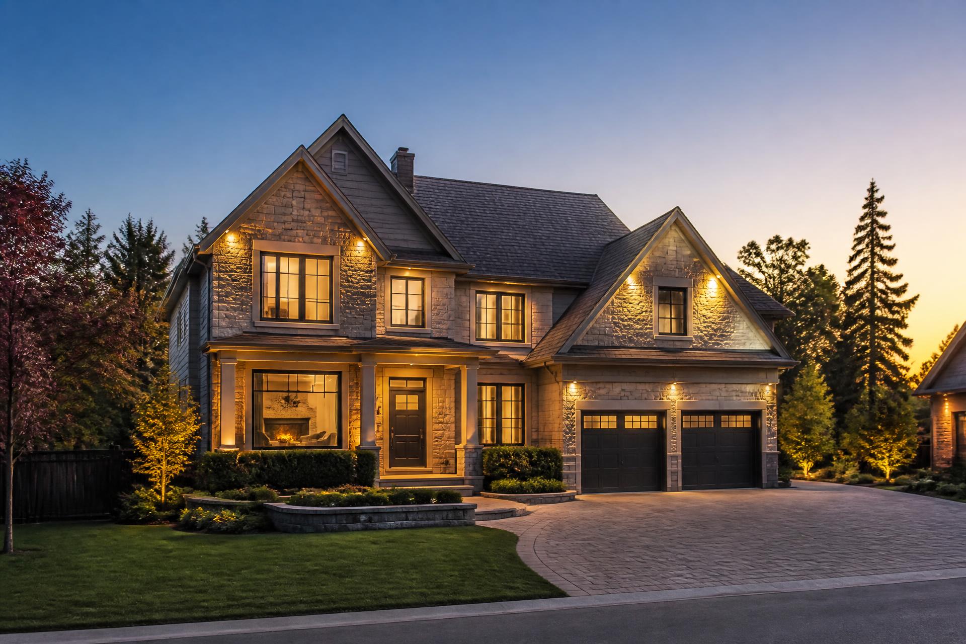 Luxury Toronto GTA home at dusk with warm interior lighting and a lit fireplace