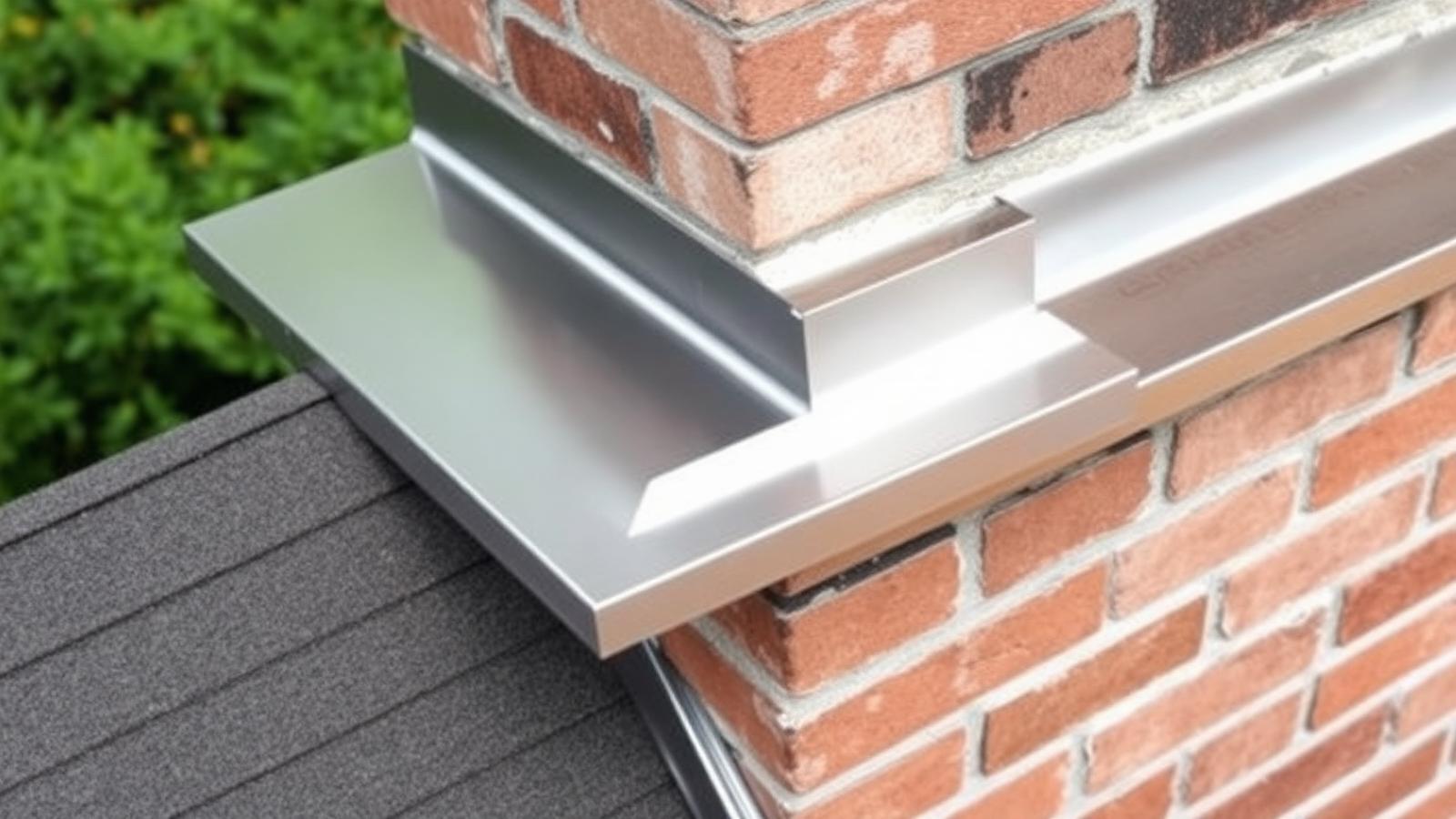 New step flashing and counter-flashing installed where a brick chimney meets a shingle roof