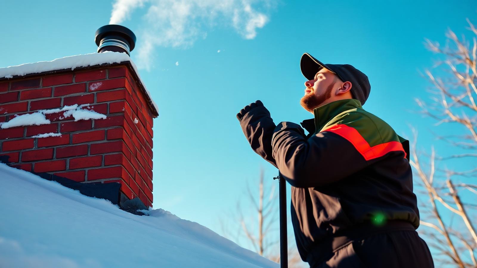 A professional inspecting a brick residential chimney on a snowy GTA rooftop