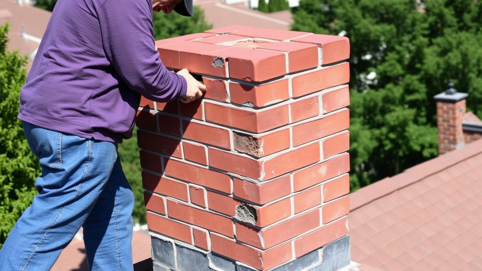Mason repointing crumbling mortar joints on a red brick chimney in Mississauga