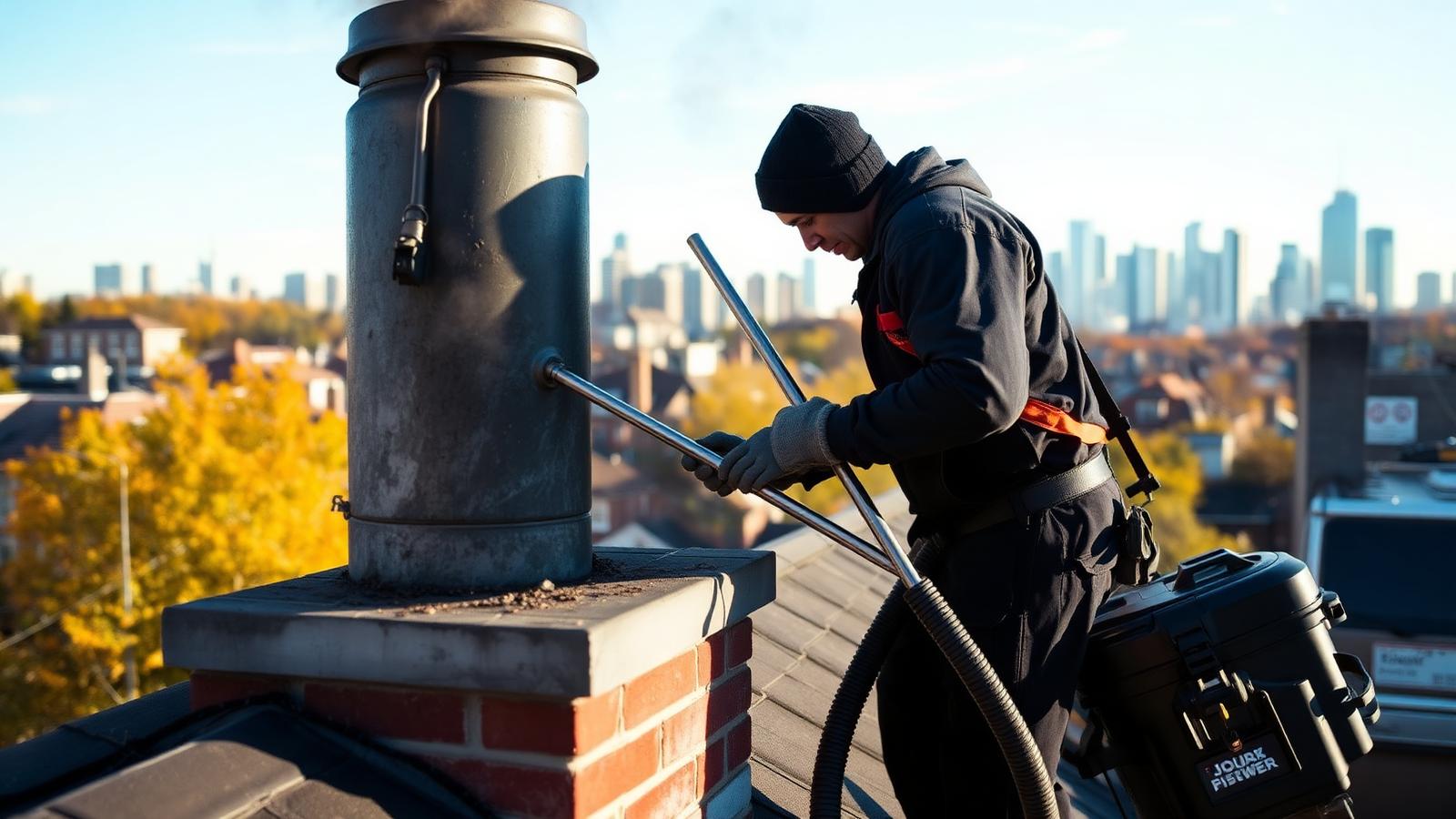 Chimney sweep technician cleaning a Toronto rooftop chimney with rods and a HEPA vacuum