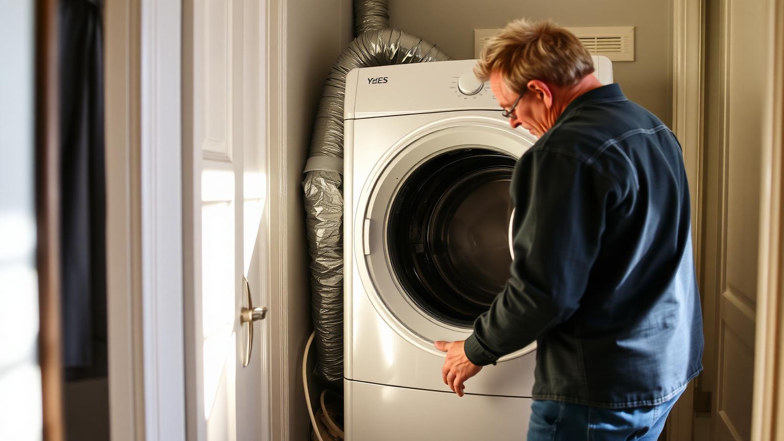 Homeowner checking a crushed transition duct behind a clothes dryer