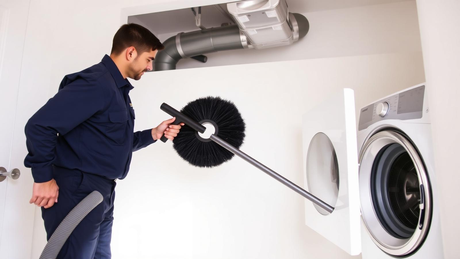 Technician rotary-brushing a dryer duct with a HEPA vacuum in a GTA laundry room