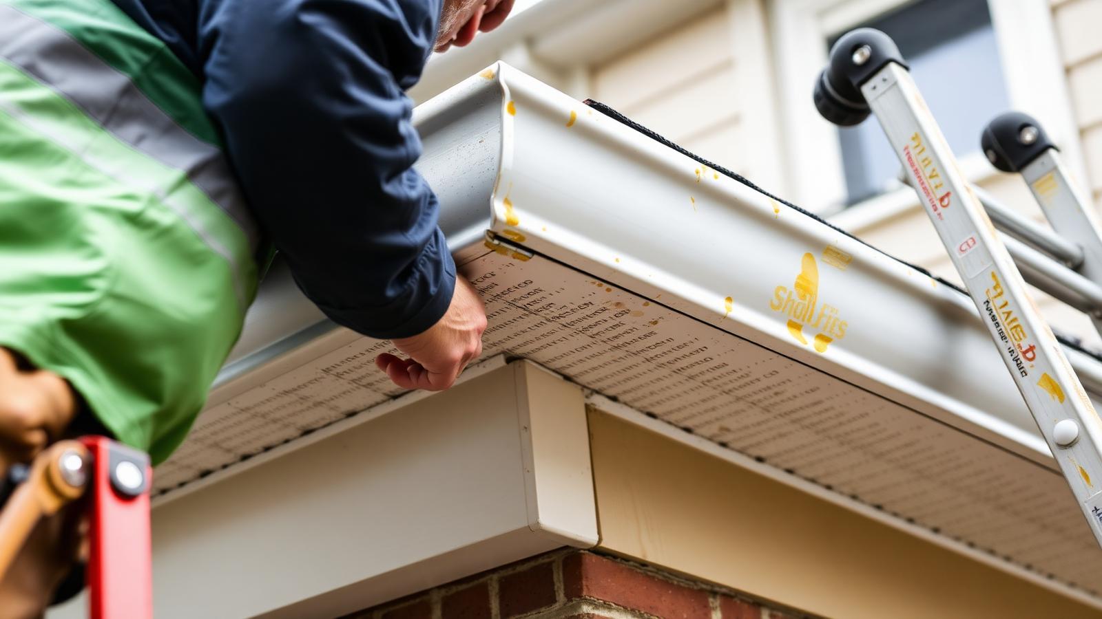 Technician resealing a leaking aluminum eavestrough seam on a Toronto home