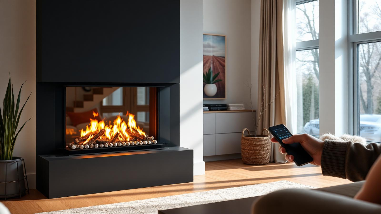 Homeowner checking a gas fireplace remote and wall switch in a GTA living room