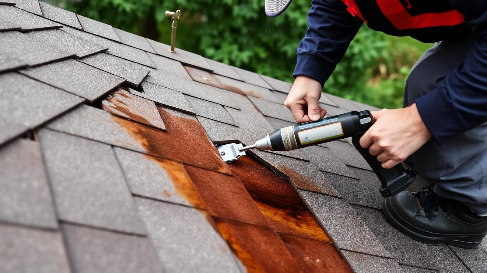 Roofer sealing a water-damaged asphalt shingle roof section on a Toronto home