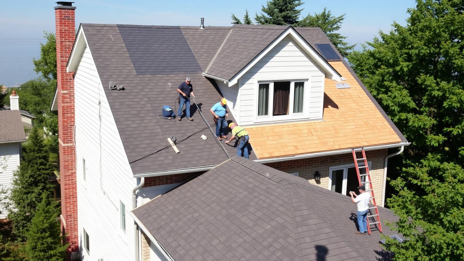 Roofing crew tearing off old asphalt shingles on a GTA detached home