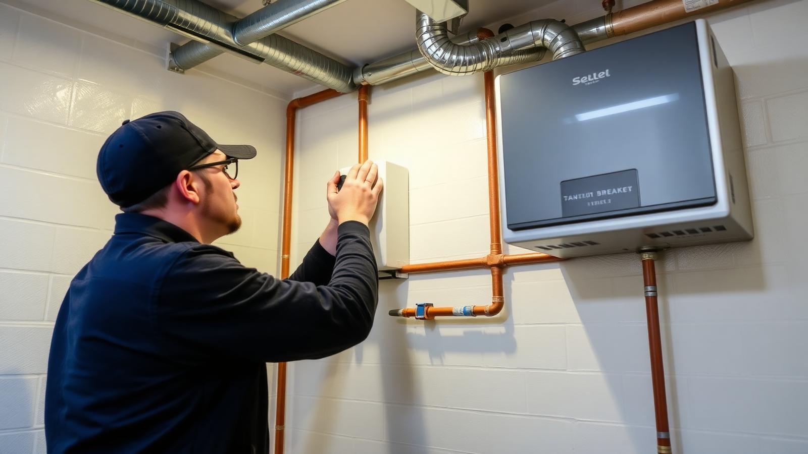 Technician installing a wall-mounted tankless water heater in a Toronto basement