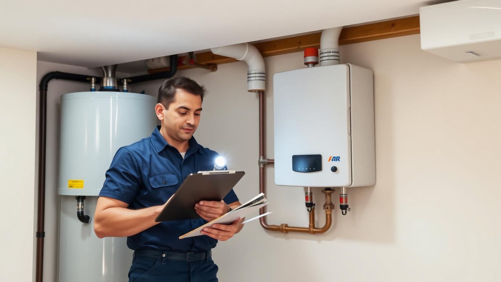Technician checking the gas control valve on a residential water heater tank in a GTA basement