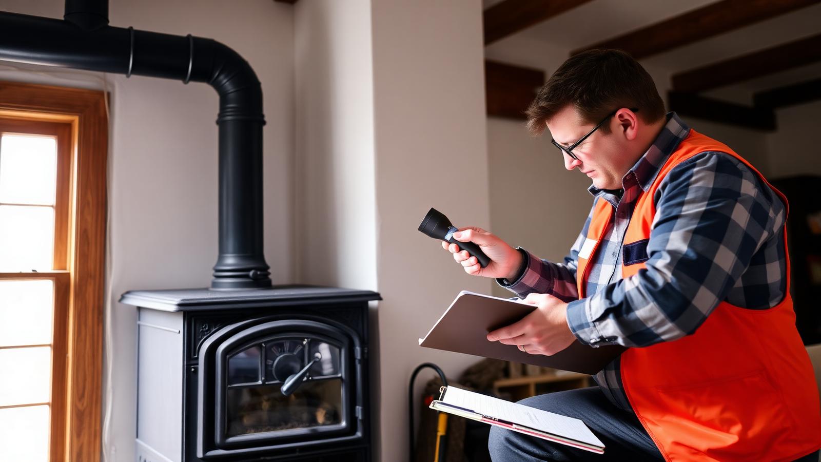 WETT inspector examining a wood stove and chimney connection in an Ontario home